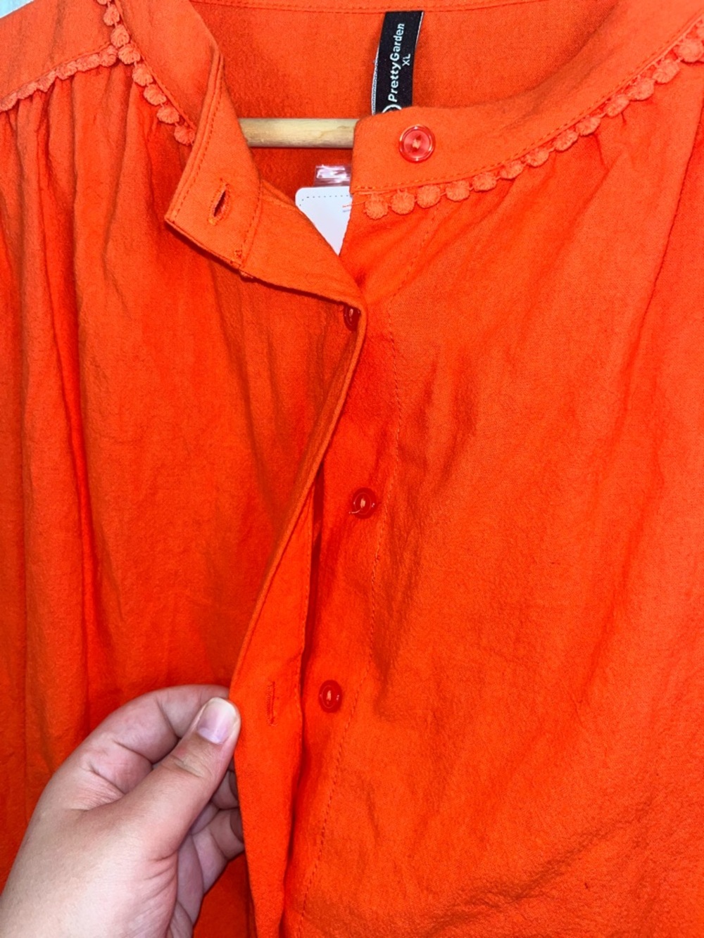 PrettyGarden Orange Cotton Blouse XL Puff Sleeve Button Front Boho Top - Picture 3 of 5